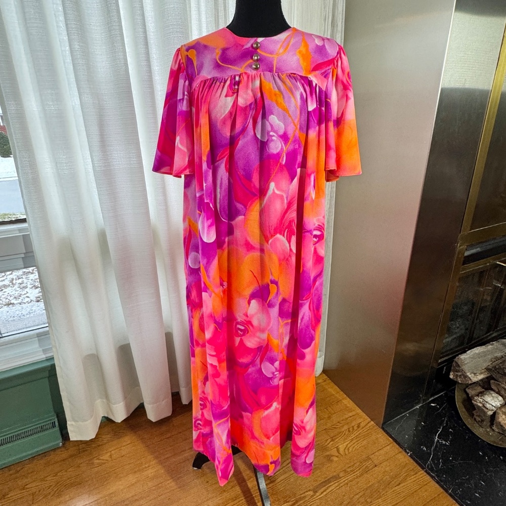 Vintage 80s floral dress, Sears, pink floral loungewear, summer vacation, 18 XL